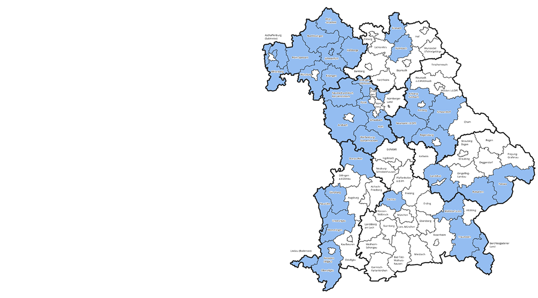 Übersicht Bodenrichtwert-Viewing Die Karte von Bayern mit Landkreiseinteilung, einige Flächen sind blau eingefärbt